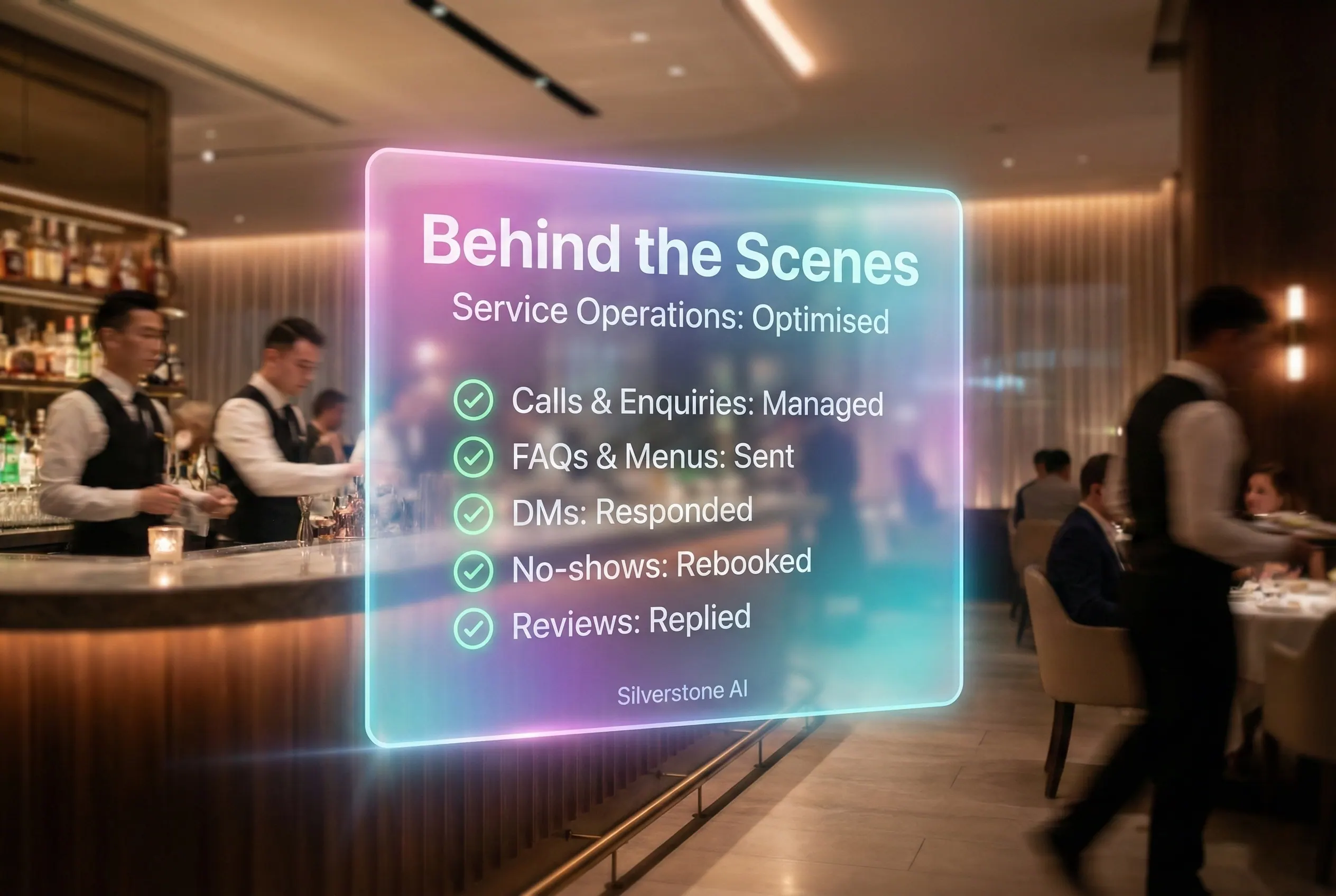 Illustrative guest-communication panel at a hospitality front desk.