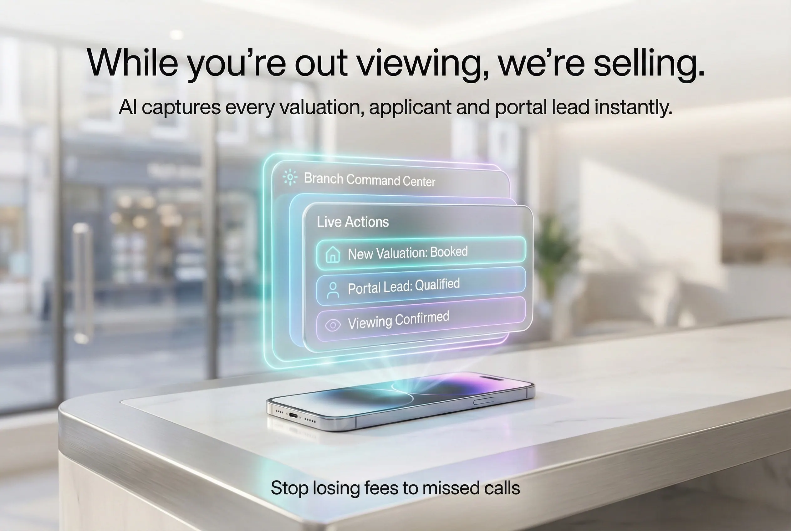 Illustrative branch command panel capturing valuation, portal-lead and viewing activity.
