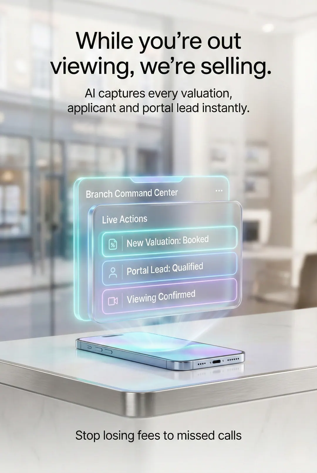 Illustrative branch command panel capturing valuation, portal-lead and viewing activity.