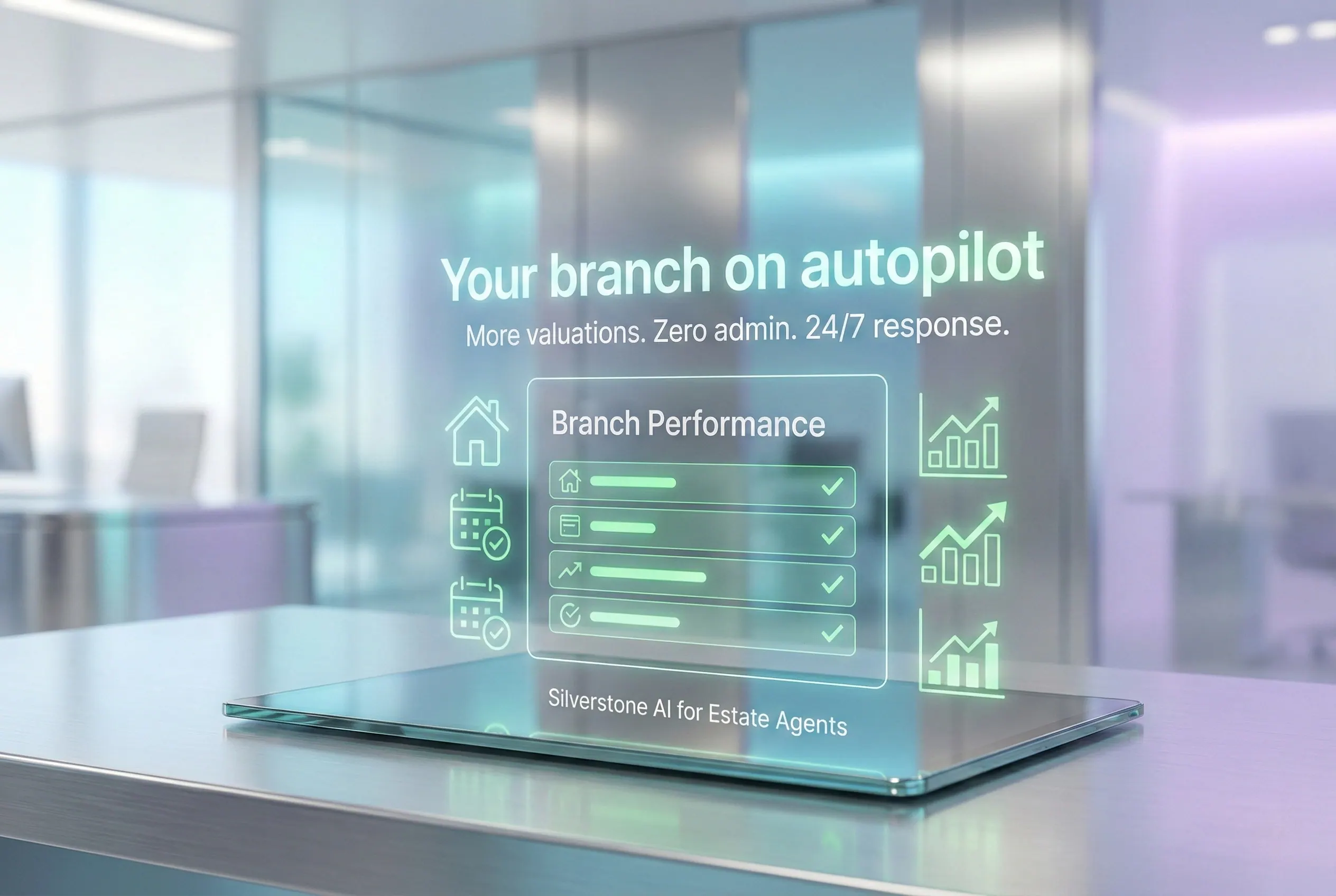 Illustrative viewing-coordination panel beside an agency reception.