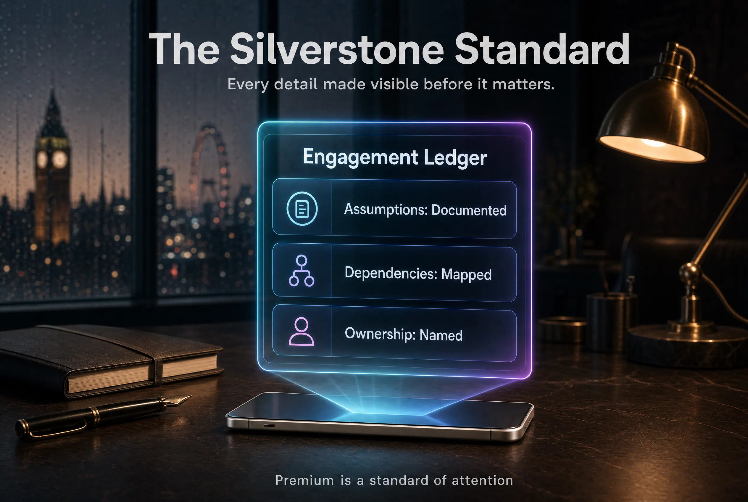 Illustrative engagement-ledger panel — assumptions, dependencies and ownership made visible — in a Silverstone studio scene overlooking London at night.
