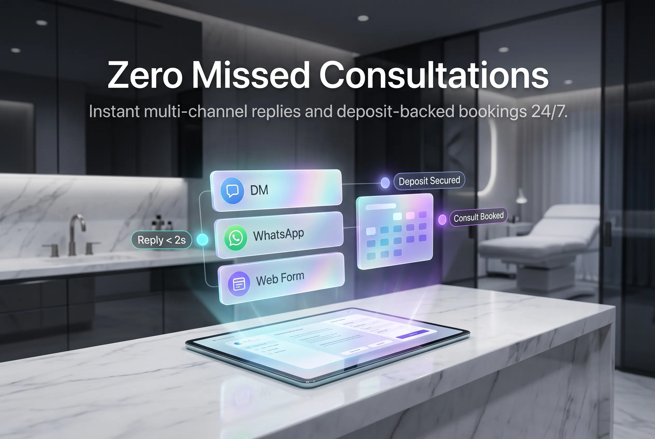 Illustrative aesthetic clinic panel titled “Zero Missed Consultations”, showing DM, WhatsApp and web-form enquiries routed to a booking calendar with mock “Reply < 2s”, “Deposit Secured” and “Consult Booked” states.