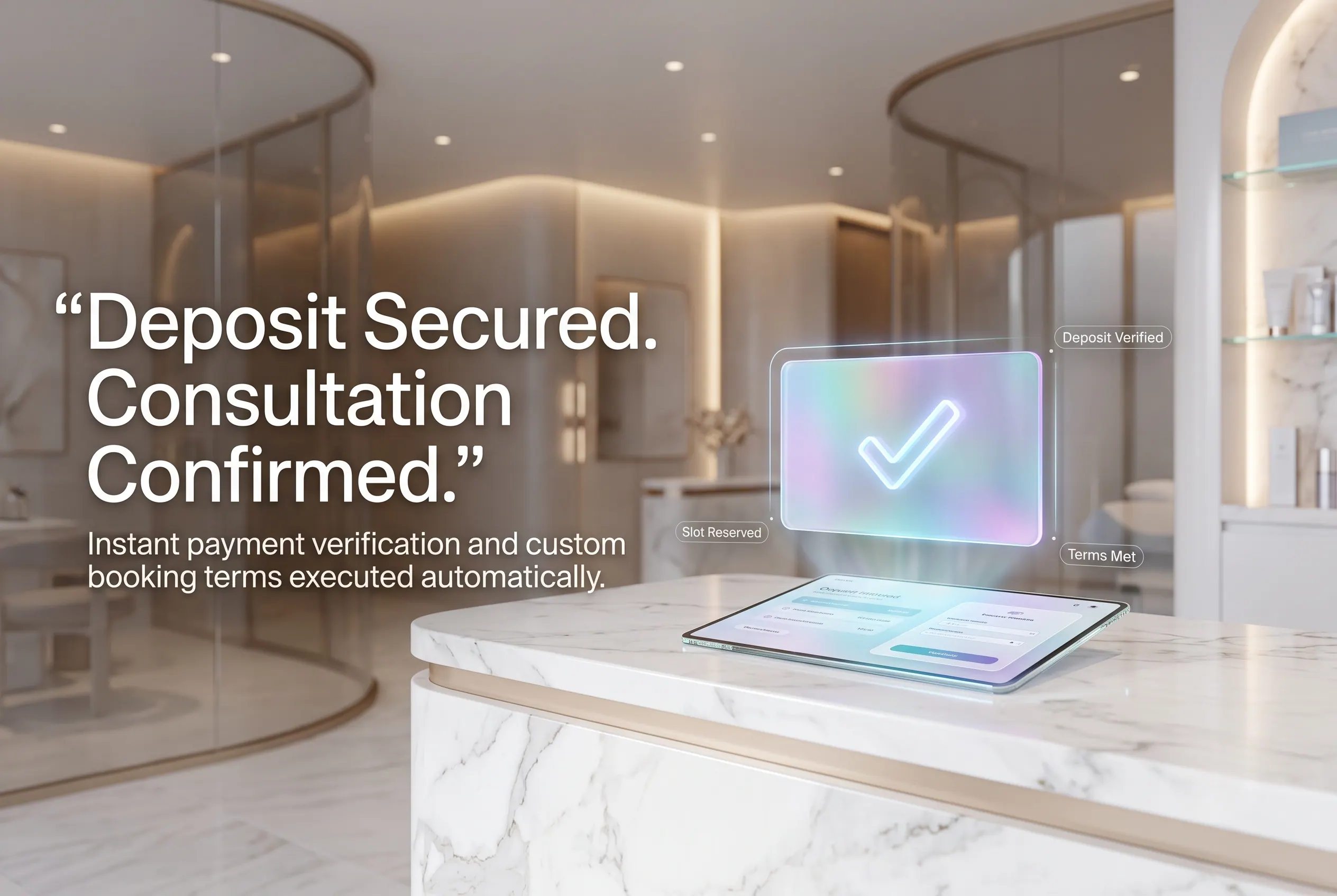 Illustrative clinic reception panel titled “Deposit Secured. Consultation Confirmed.”, showing a confirmation tick with mock “Deposit Verified”, “Slot Reserved” and “Terms Met” states.