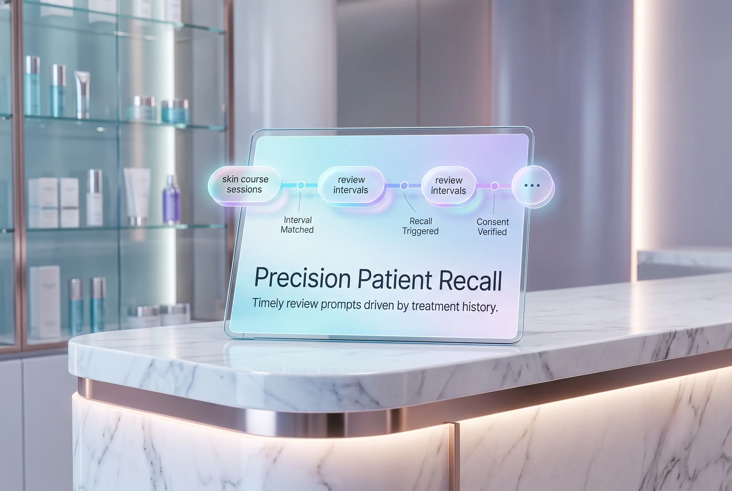 Illustrative clinic counter panel titled “Precision Patient Recall”, showing a treatment-interval timeline with mock “Interval Matched”, “Recall Triggered” and “Consent Verified” states.