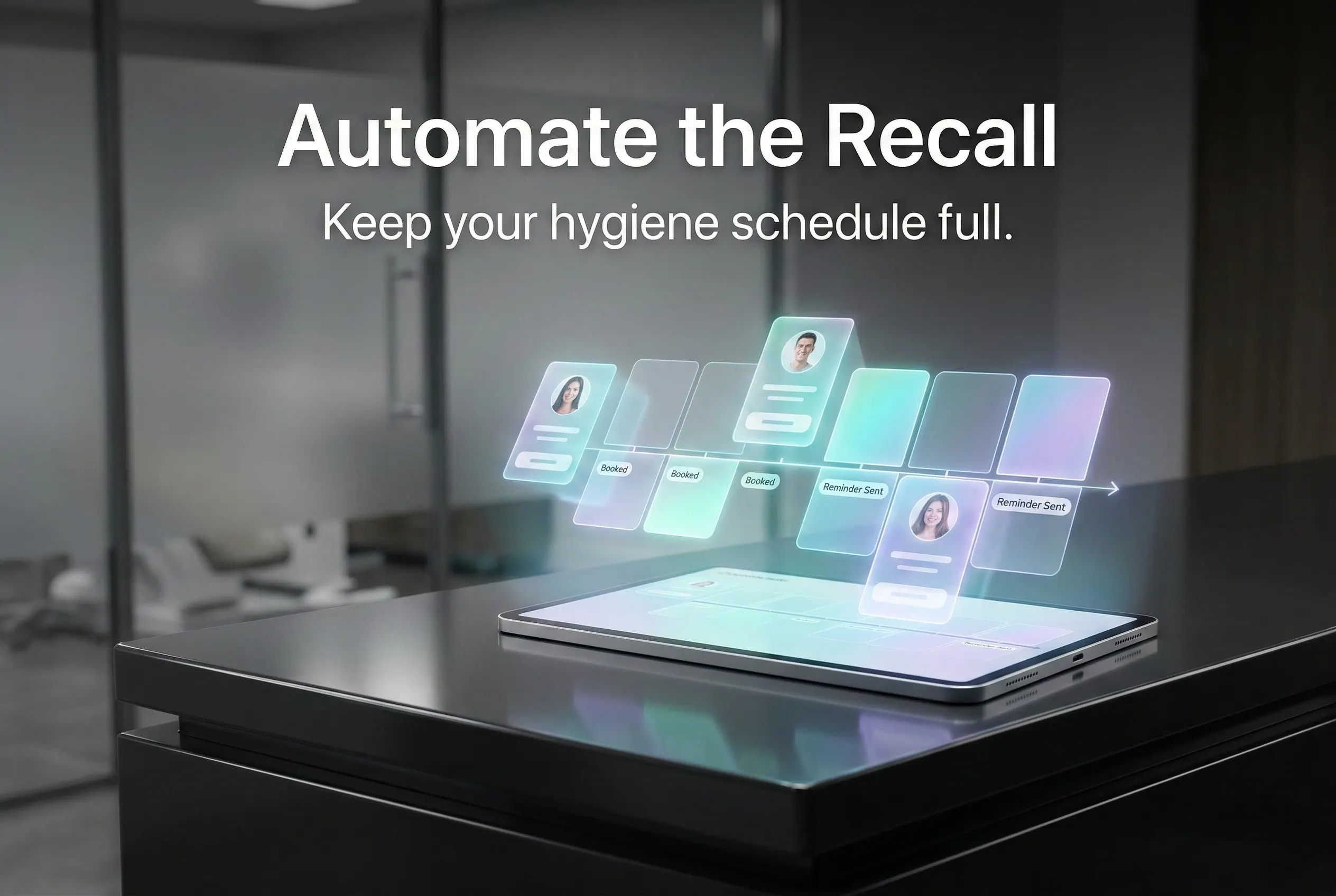 Illustrative recall-workflow panel showing reminders and rebooking states.