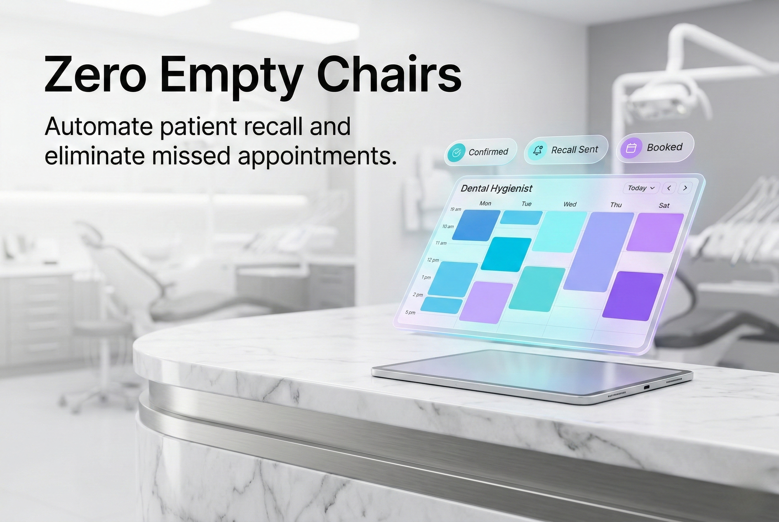 Illustrative form-completion and handoff panel in a dental practice.