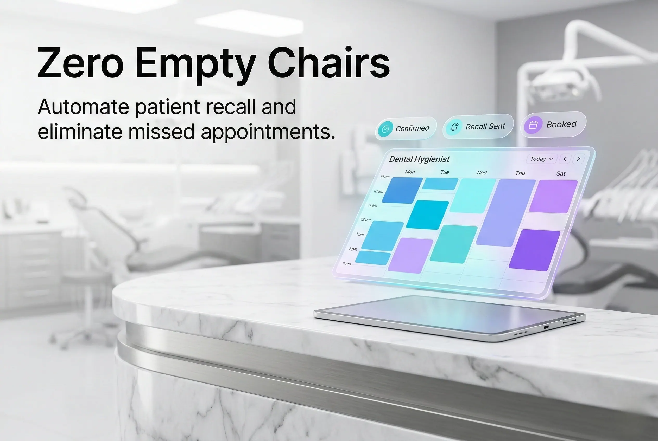 Illustrative form-completion and handoff panel in a dental practice.