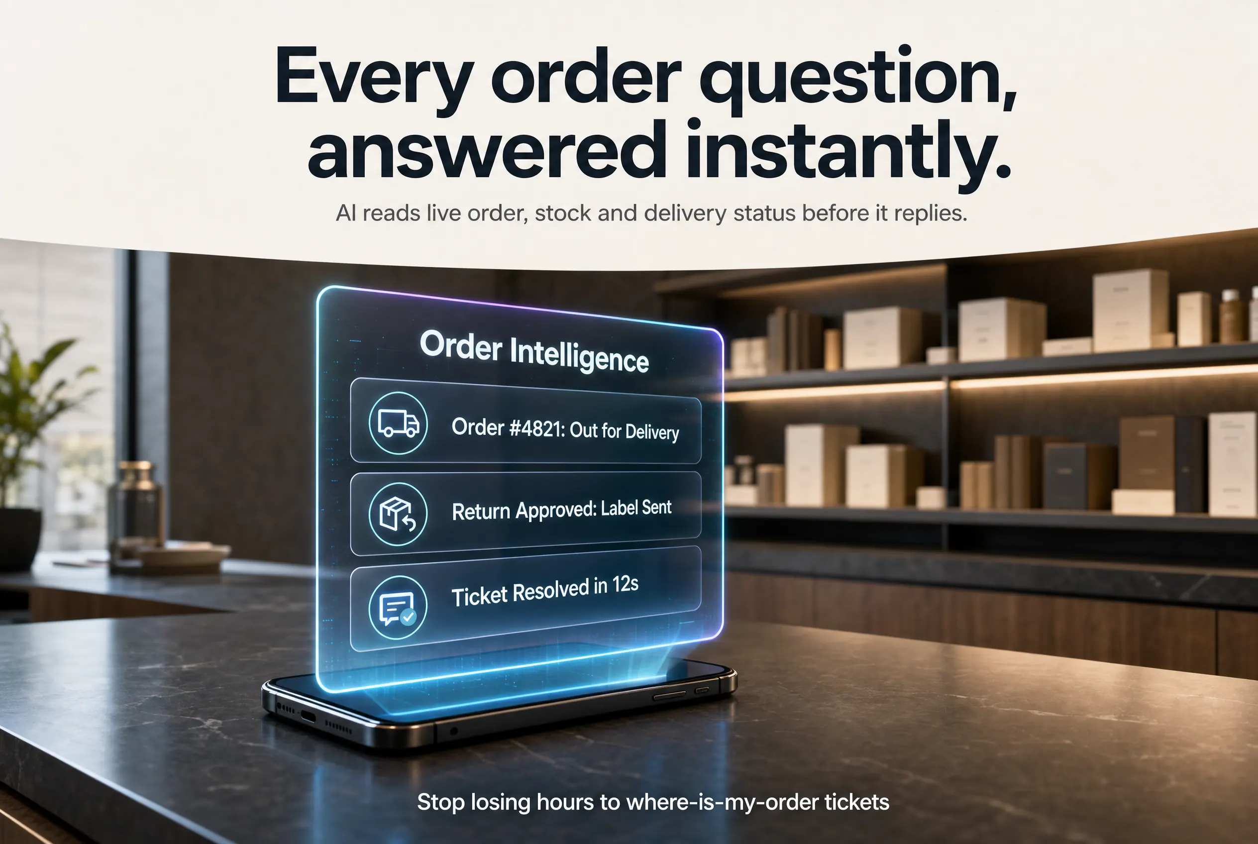 Illustrative order-intelligence panel matching customer questions to live order state.