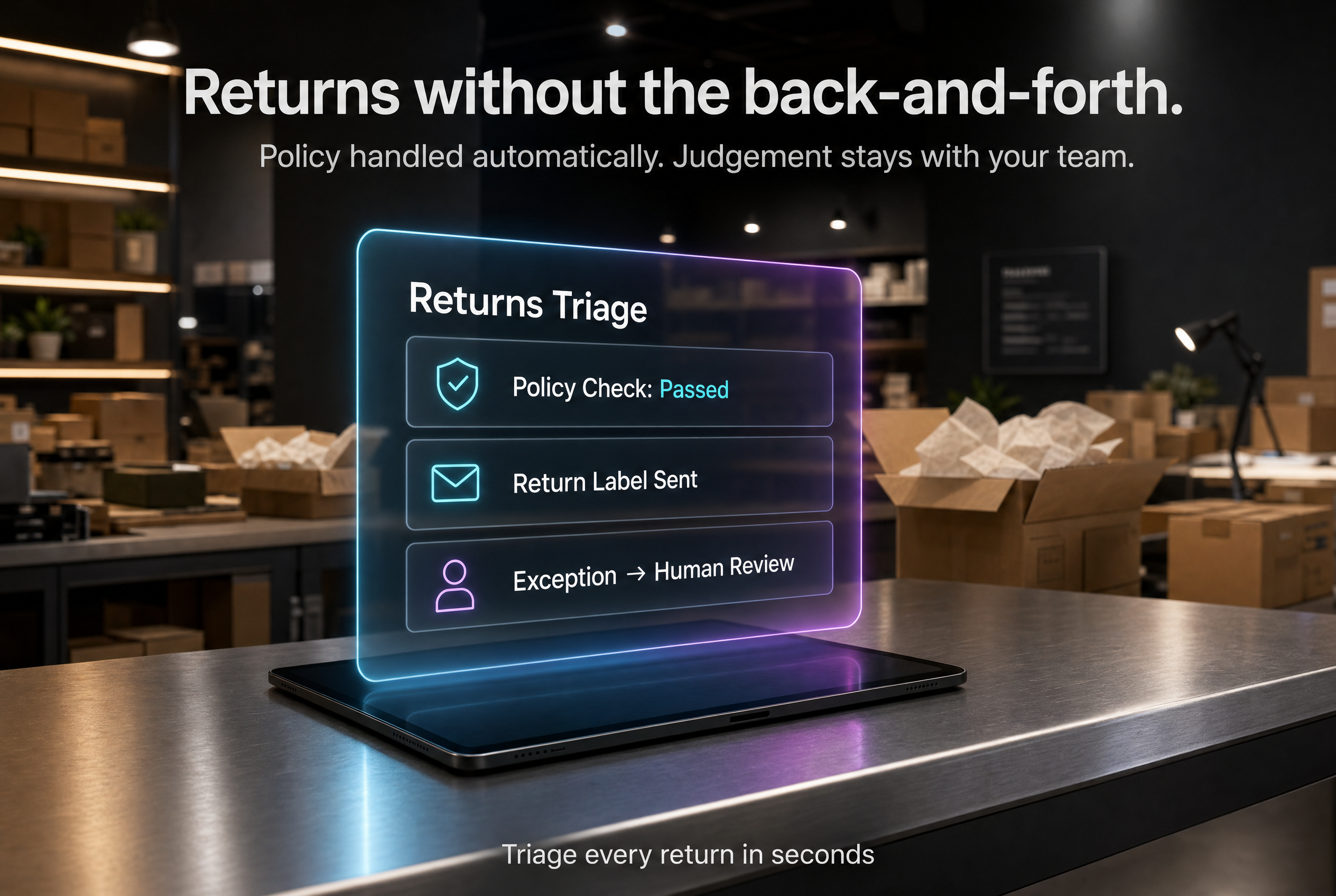 Illustrative returns-triage panel with policy check and human-review exception.