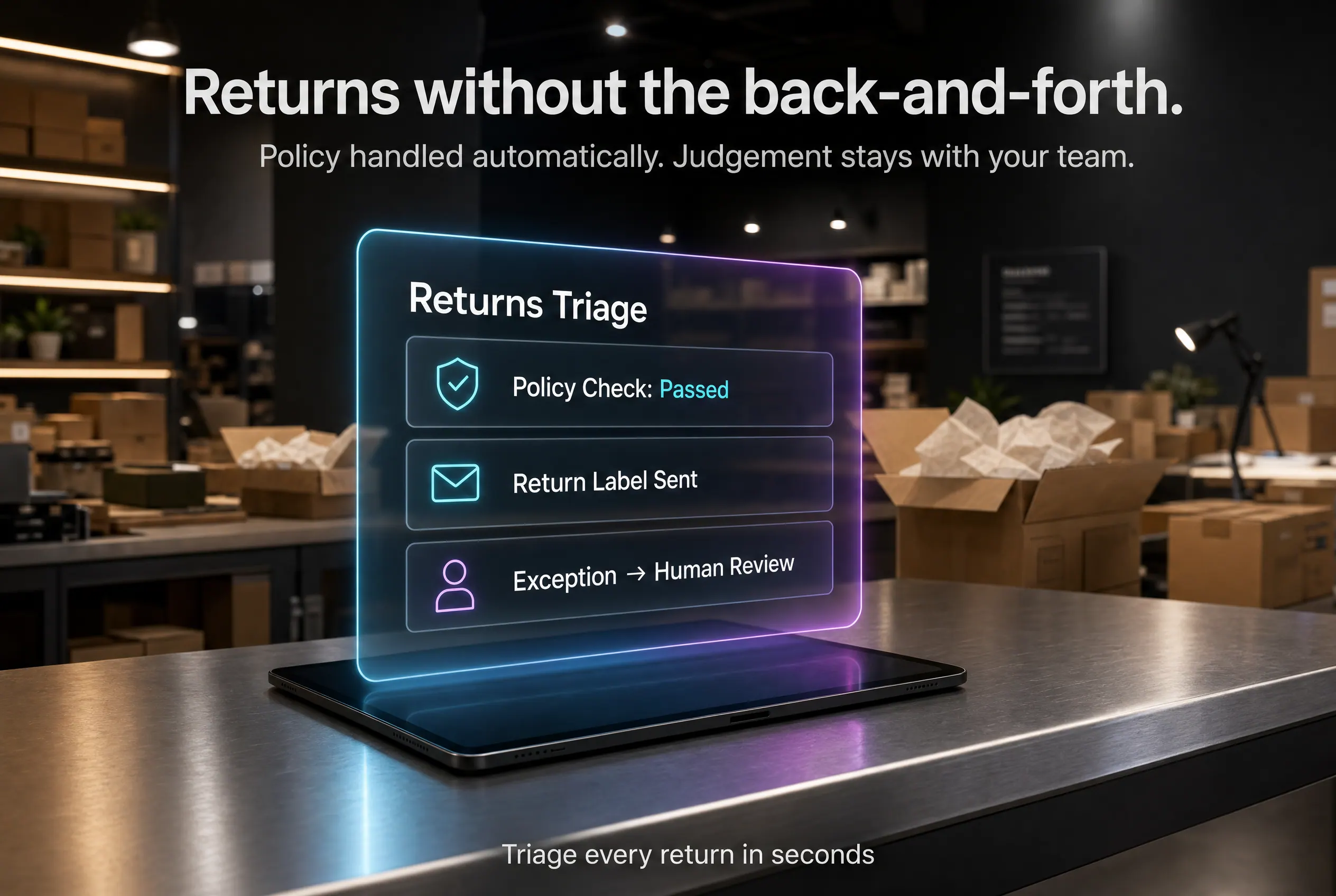 Illustrative returns-triage panel with policy check and human-review exception.