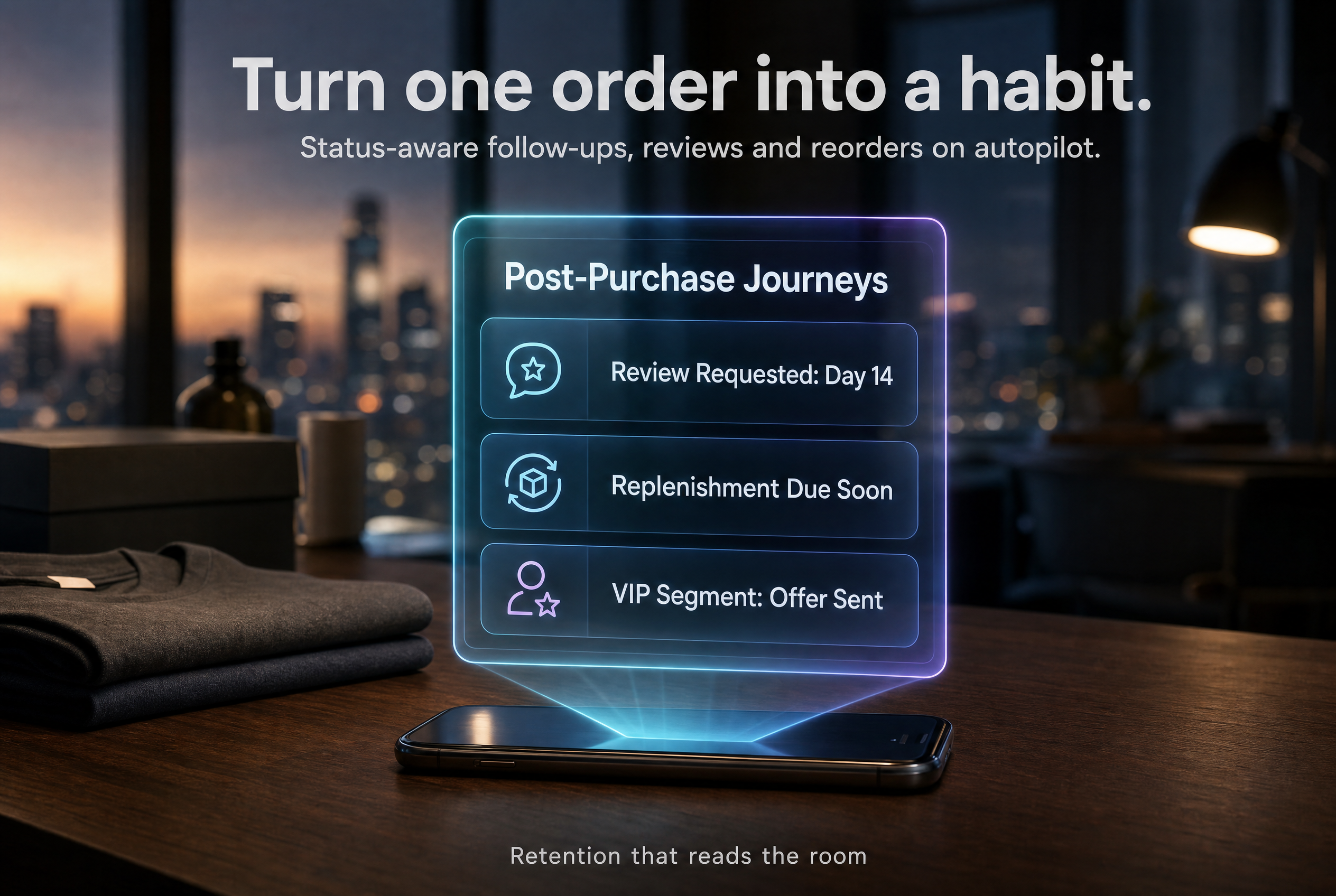 Illustrative post-purchase journey panel with review, replenishment and segment states.