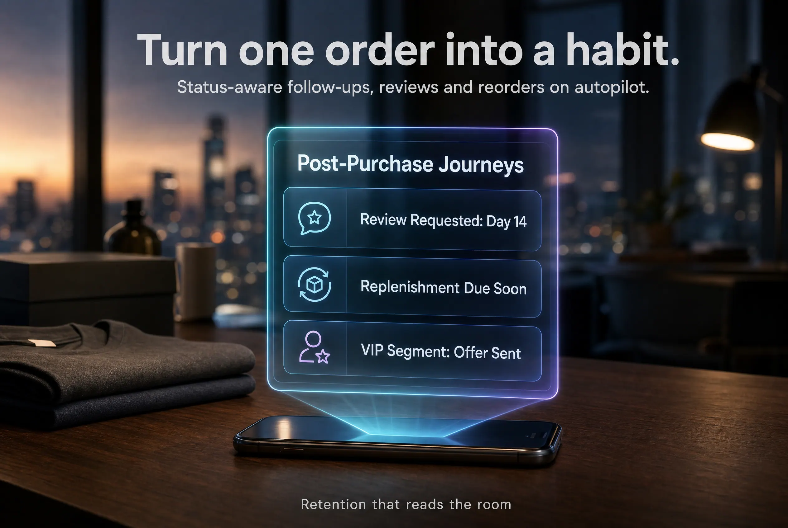 Illustrative post-purchase journey panel with review, replenishment and segment states.