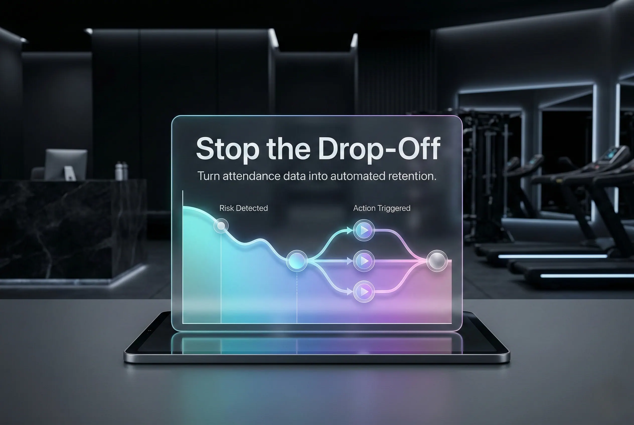 Illustrative member-journey panel at a gym front desk.