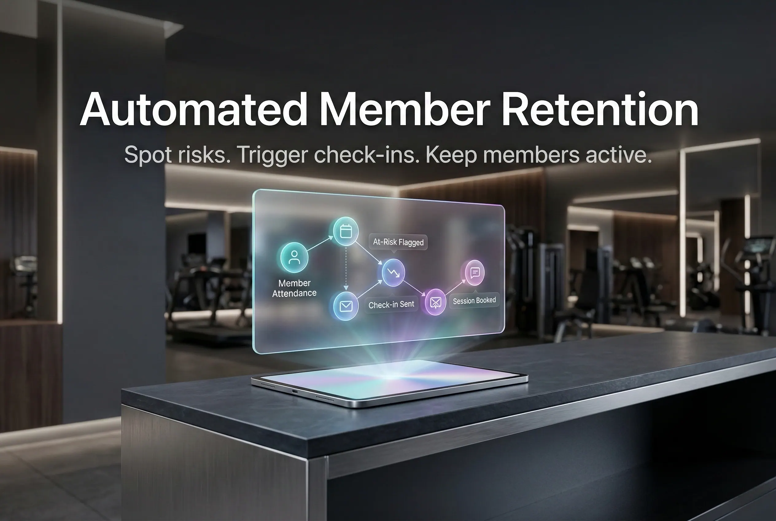Illustrative member-retention workflow panel in a gym setting.