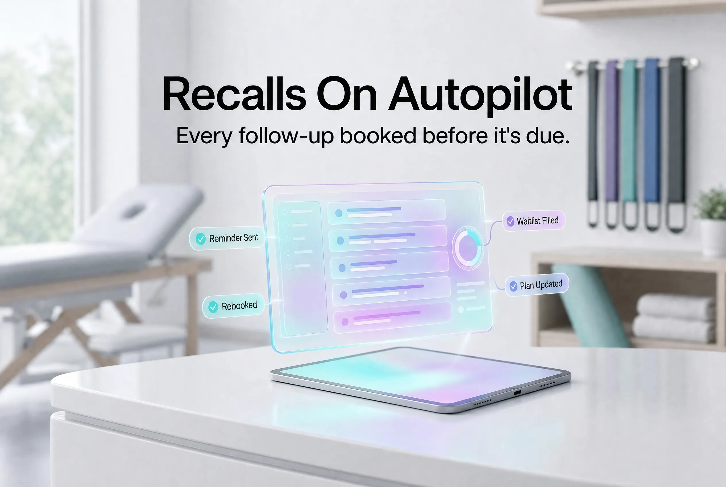 Illustrative recall and follow-up reminder panel in a physiotherapy treatment room.