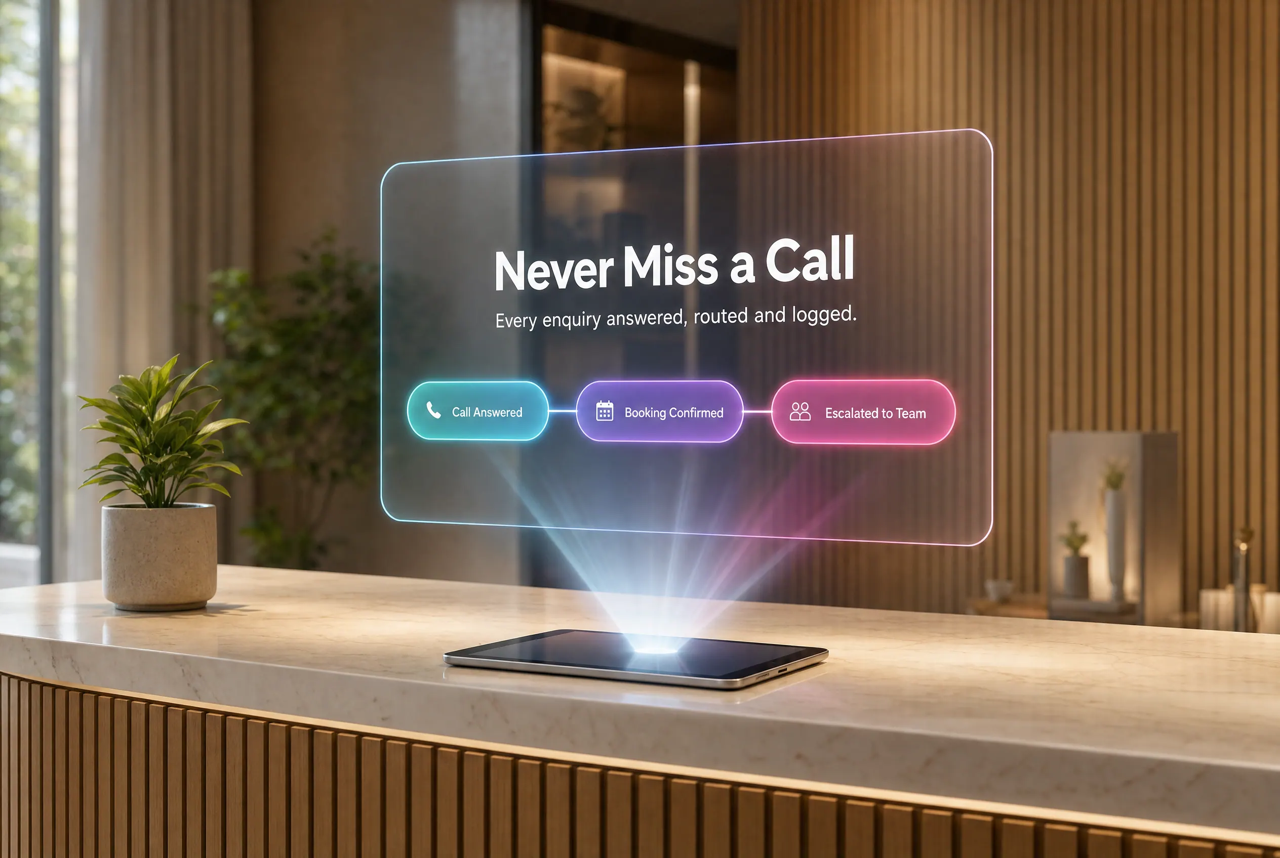 Illustrative front-desk reception panel showing a call being answered, a booking confirmed, and an enquiry escalated to a person.