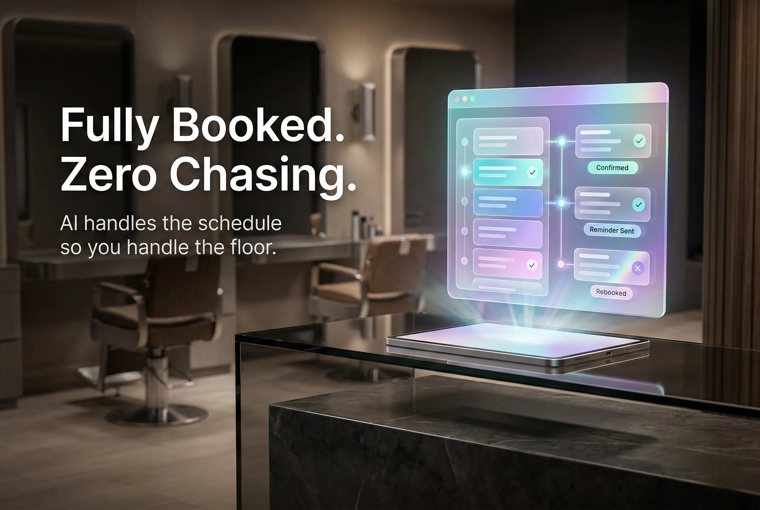 Illustrative rebooking prompt panel in a salon setting.