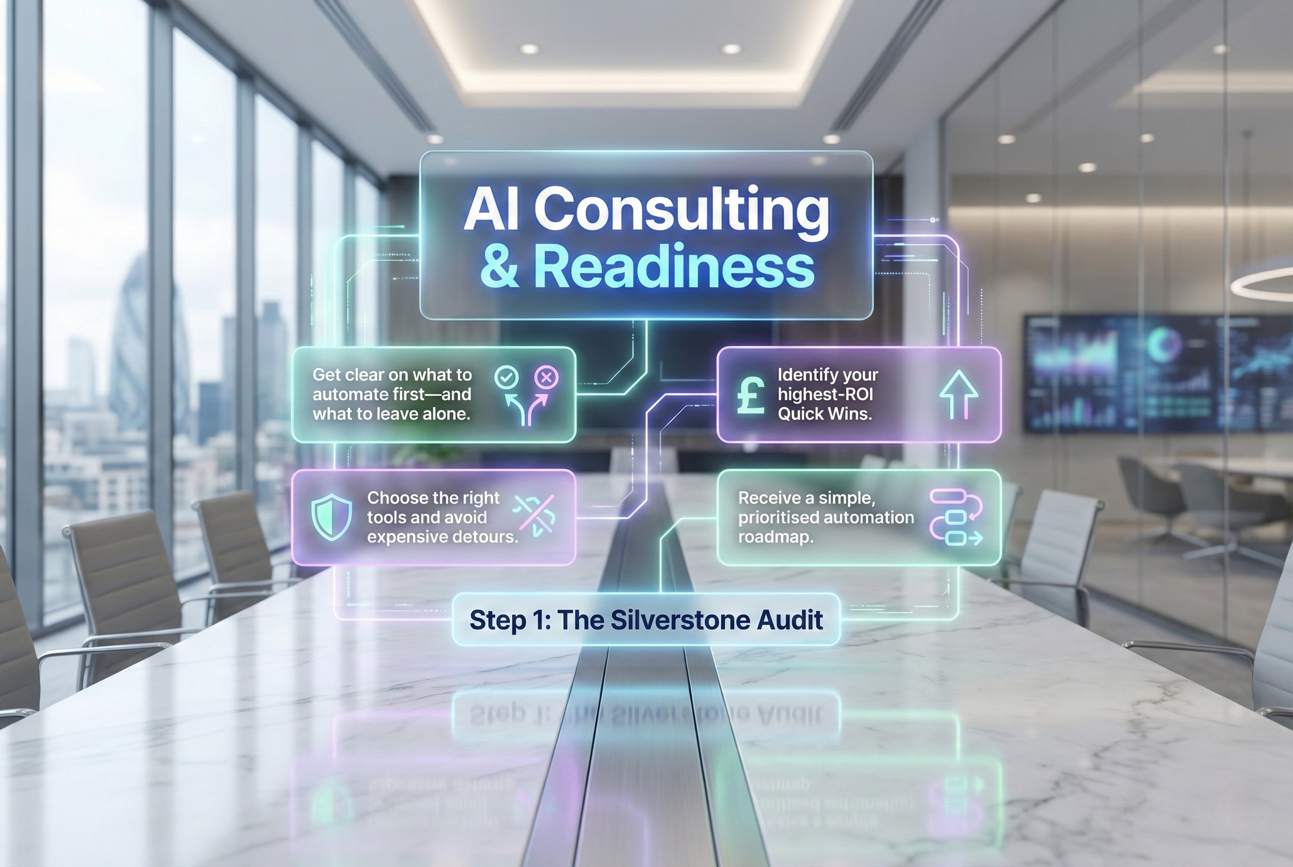 Illustrative AI consulting and readiness audit panel.