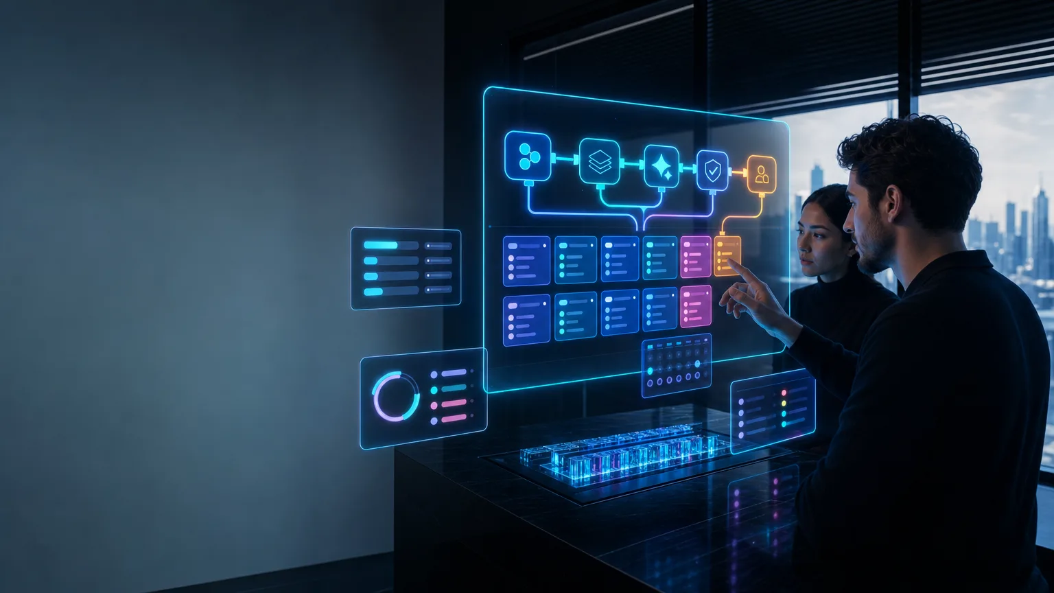 A luminous cyan AI compute core with optical connections inside a dark, premium data architecture
