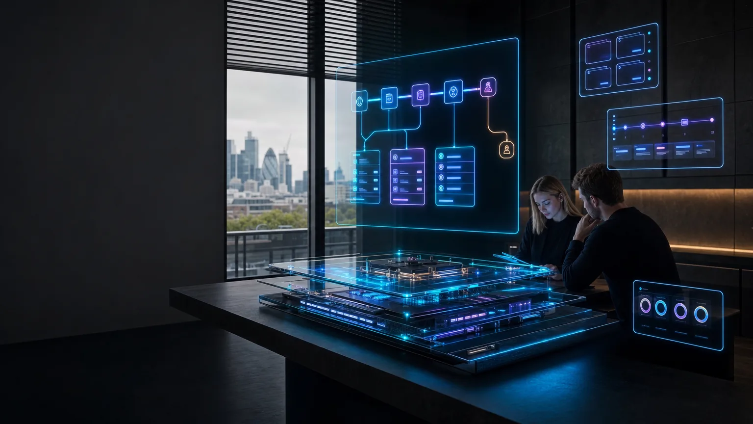 Photoreal futuristic AI compute core with glowing optical connections in a dark British architectural setting