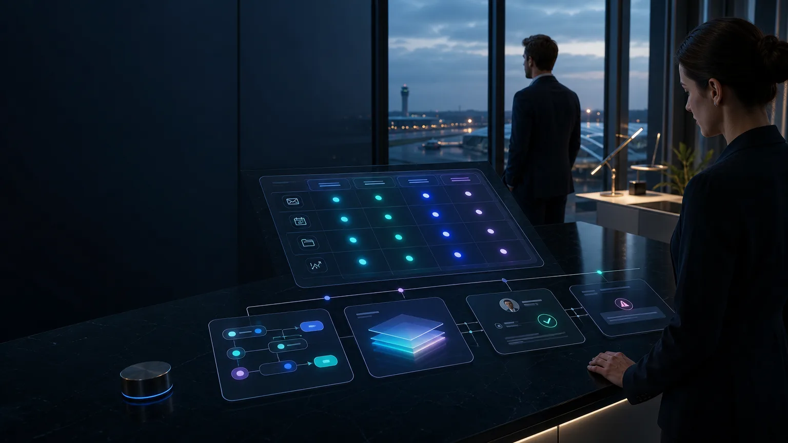 Premium visual of a UK small business automation consulting system showing workflow priorities, human approvals and connected operational layers.