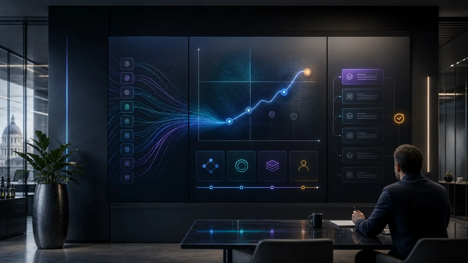 Premium abstract operational dashboard showing AI consulting decision paths, workflow priorities and human approval points for a UK small business.