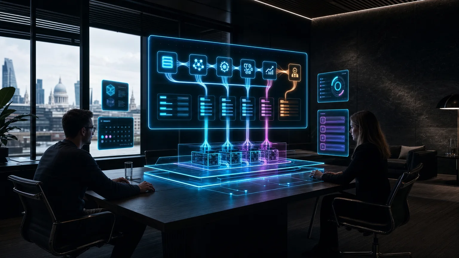 A luminous cyan photonic compute core processing flowing operational data within a dark British architectural setting.