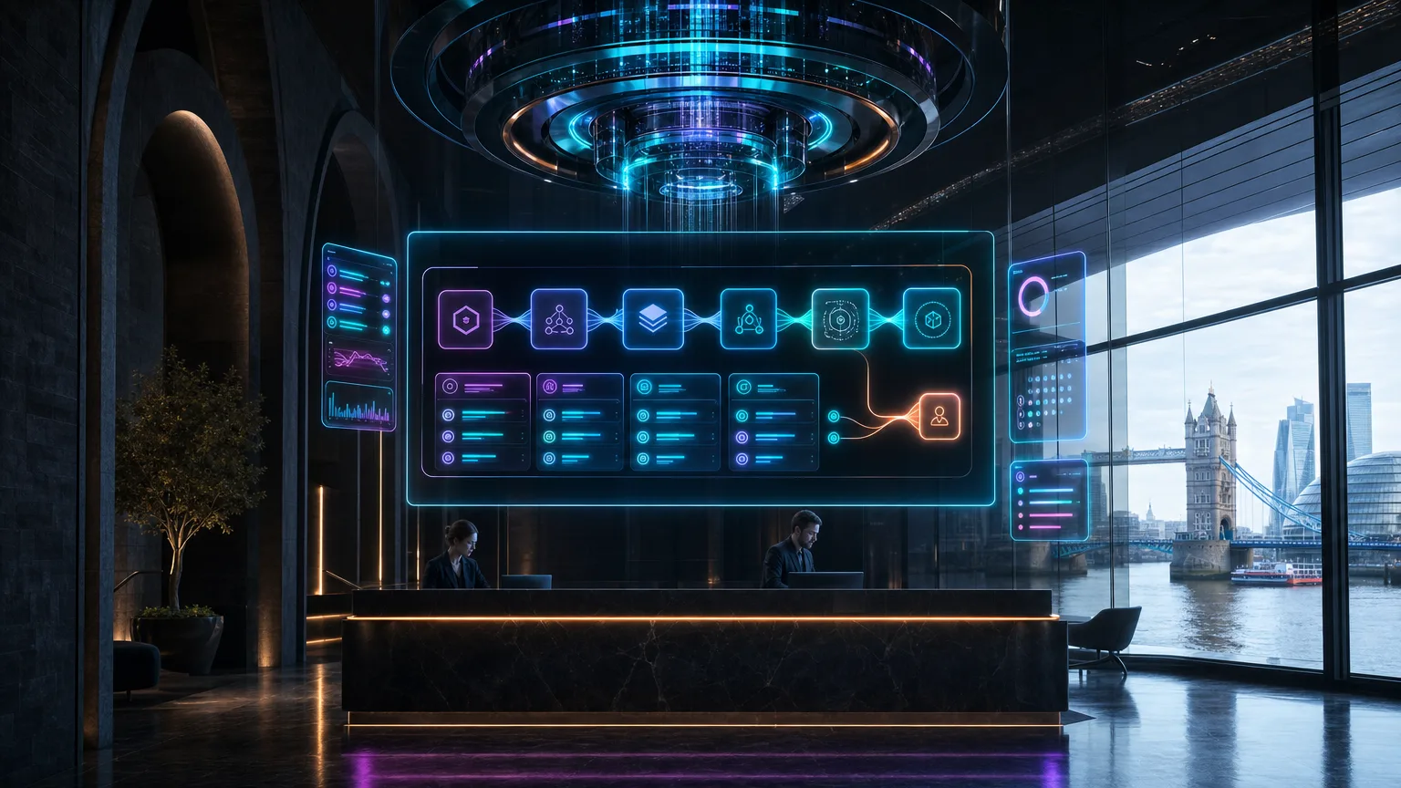 Photoreal near-future AI compute core glowing in cyan and violet within dark British industrial architecture.