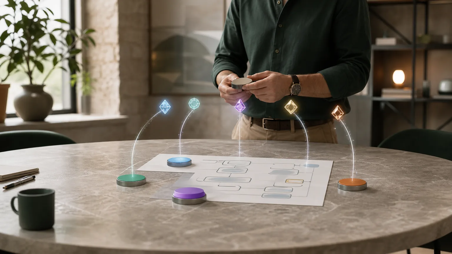 Small business operations leader reviewing physical workflow cards on a table, with subtle projected pathways representing process, data and oversight.