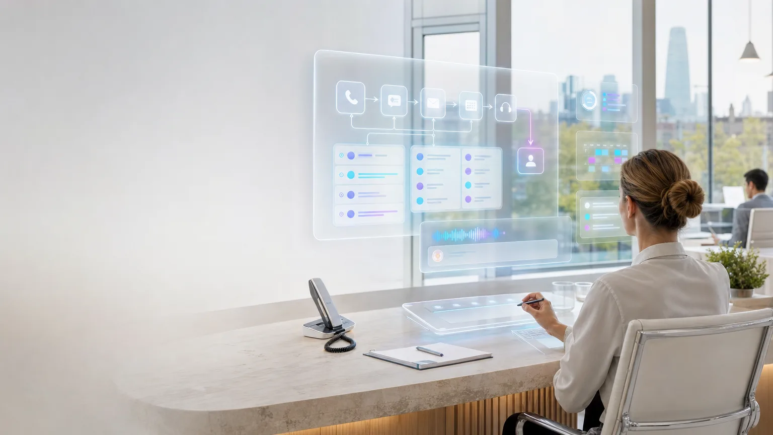 Bright editorial illustration of an AI receptionist system routing UK business calls, bookings and handoffs across a virtual front desk with human oversight.