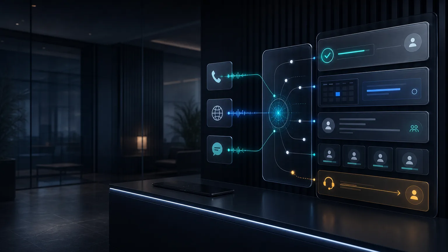 Futuristic multi-channel reception console showing phone, web chat and messaging routed into approved answers, live booking, CRM ownership and human escalation for a UK small business.