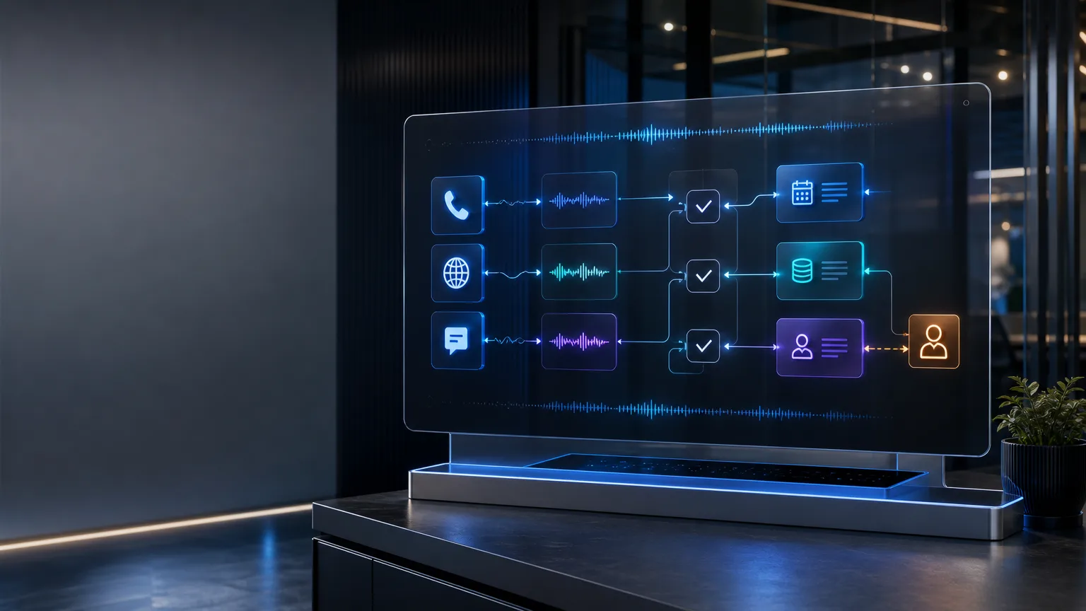 Premium futuristic reception workflow showing inbound calls, booking logic, CRM routing and human escalation for a UK small business AI receptionist system.