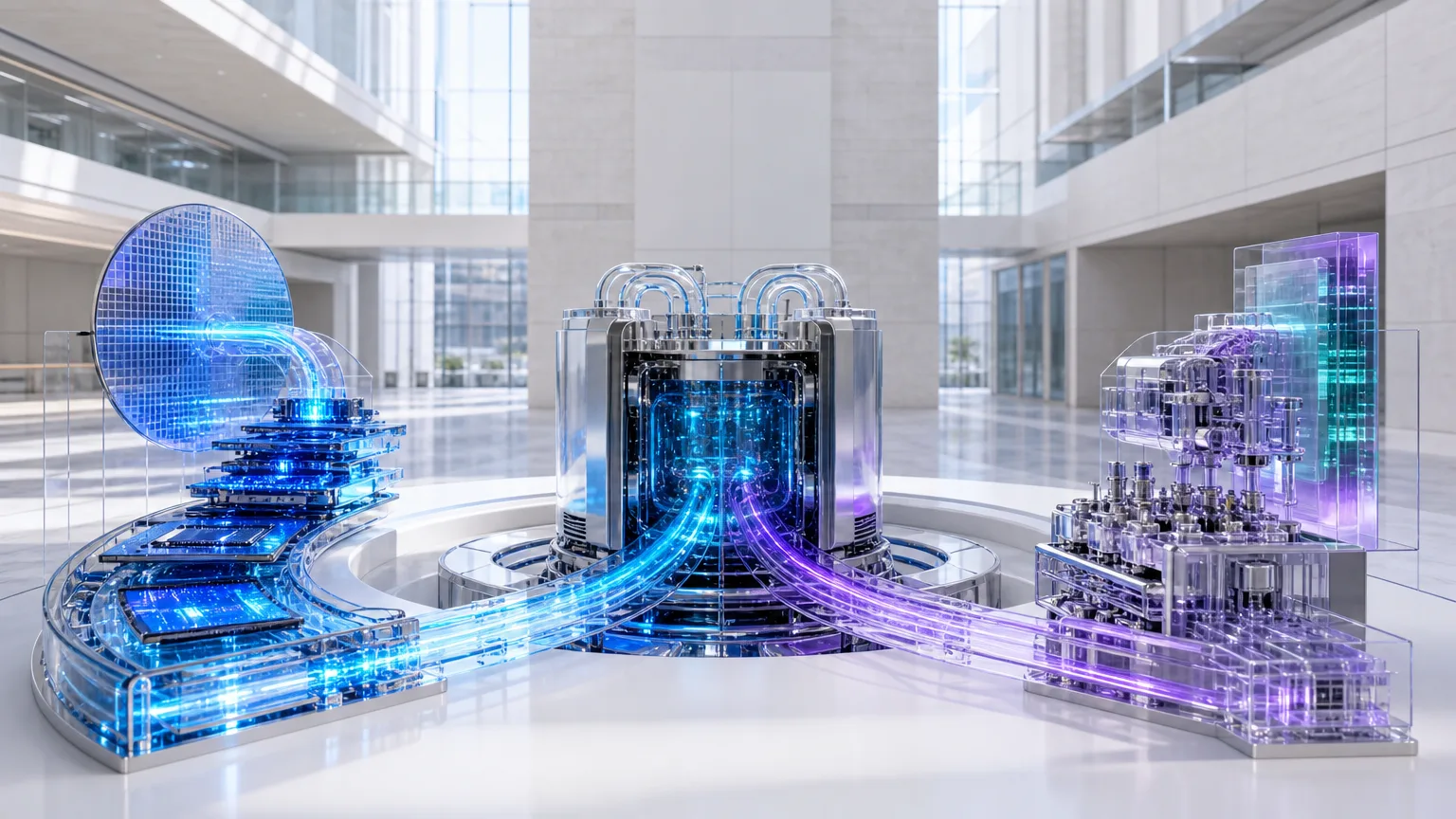 Photoreal futuristic AI call-routing core in a bright British architectural setting, with luminous optical pathways branching to human support channels.