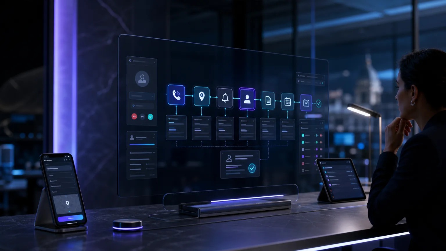 Premium operational dashboard concept for a UK trades business showing website enquiries, call routing, quote follow-up and human-approved automation workflows.
