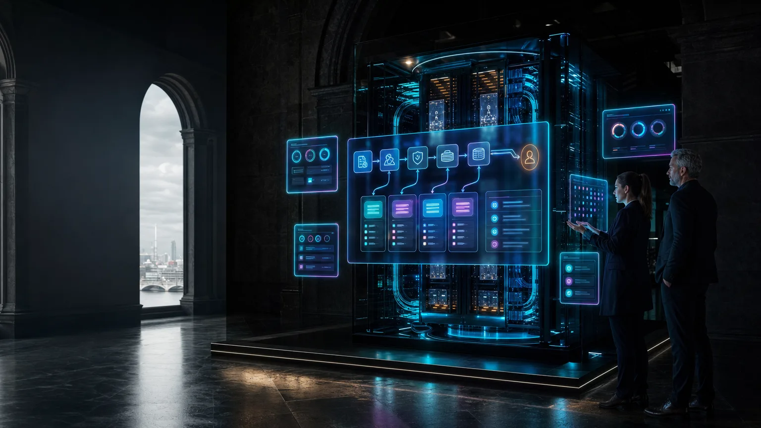 A luminous cyan AI compute core within a dark, futuristic British architectural setting.