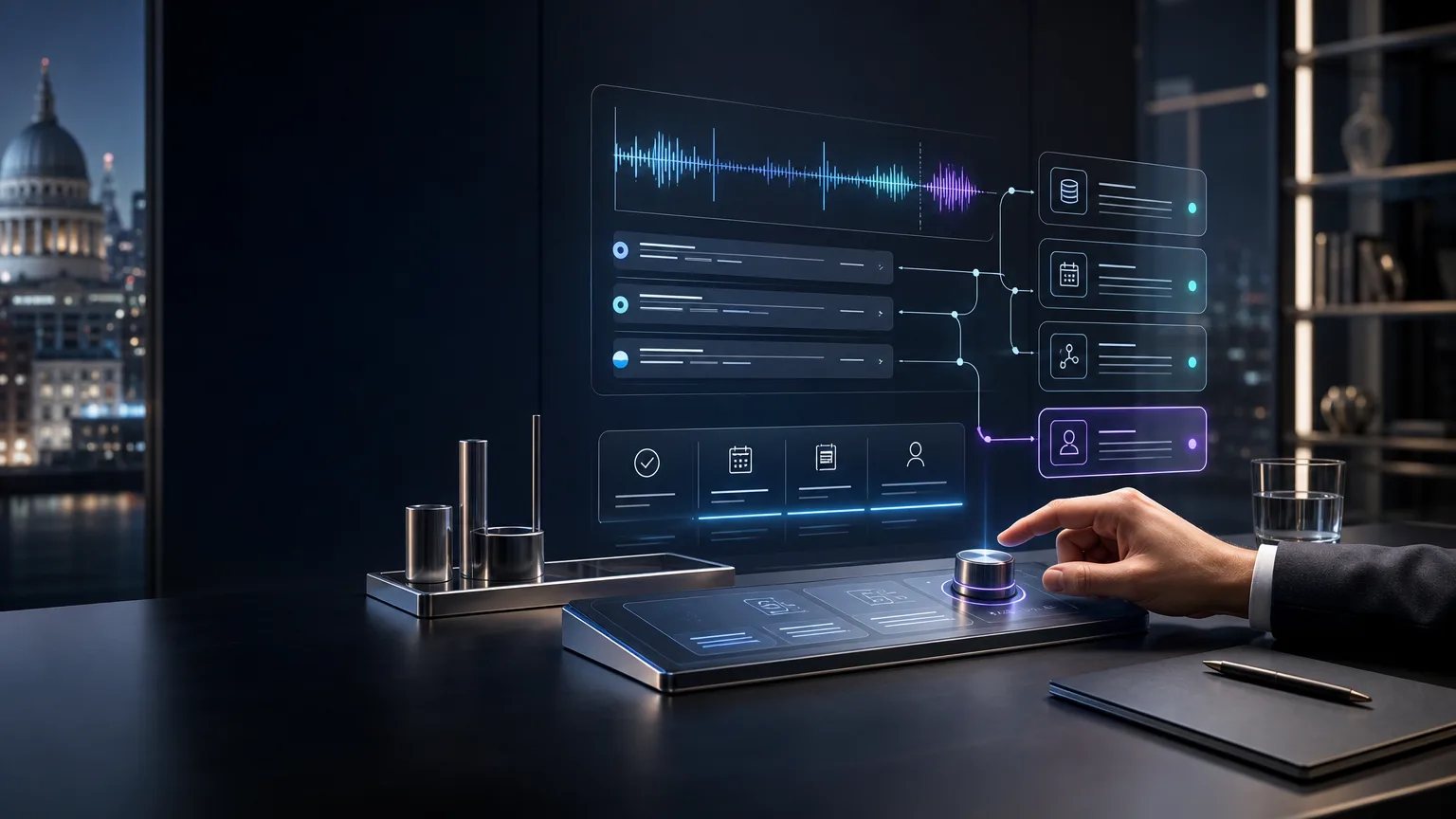 Premium visual of an AI voice call-handling system with waveform, transcript cues, routing states and human handoff for a UK small business