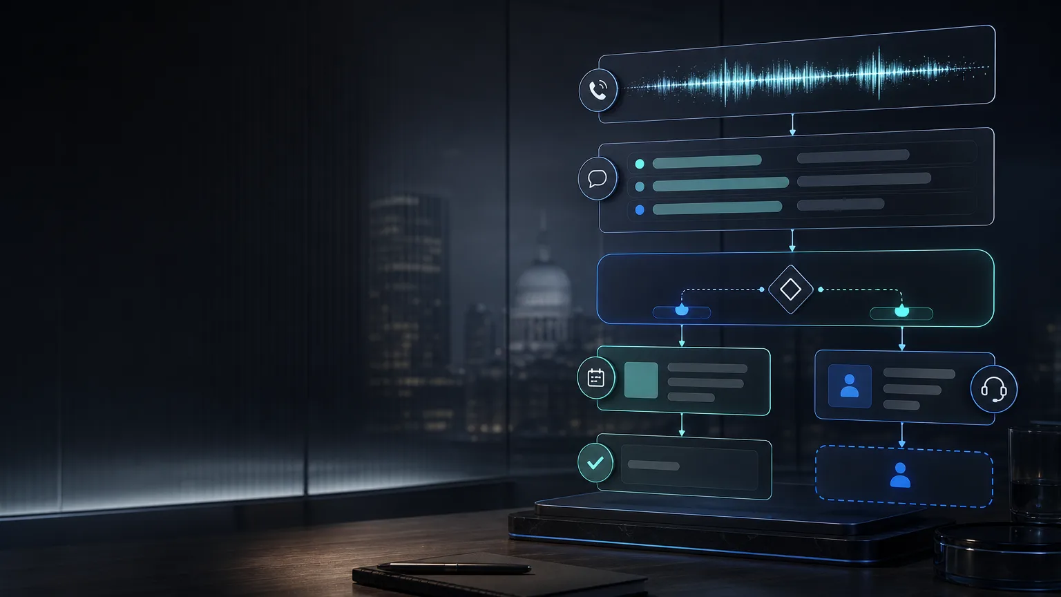 Abstract call-state machine for an AI voice agent showing waveform, transcript cues, approved tool action and human handoff in a premium dark interface.