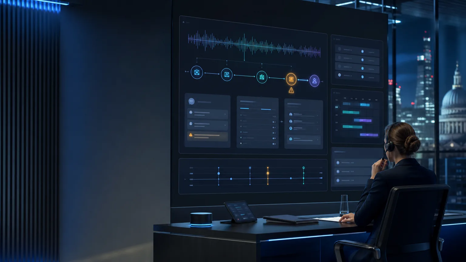 Conceptual interface showing an out-of-hours AI voice agent triaging inbound UK calls with structured capture, escalation rules and human handoff.