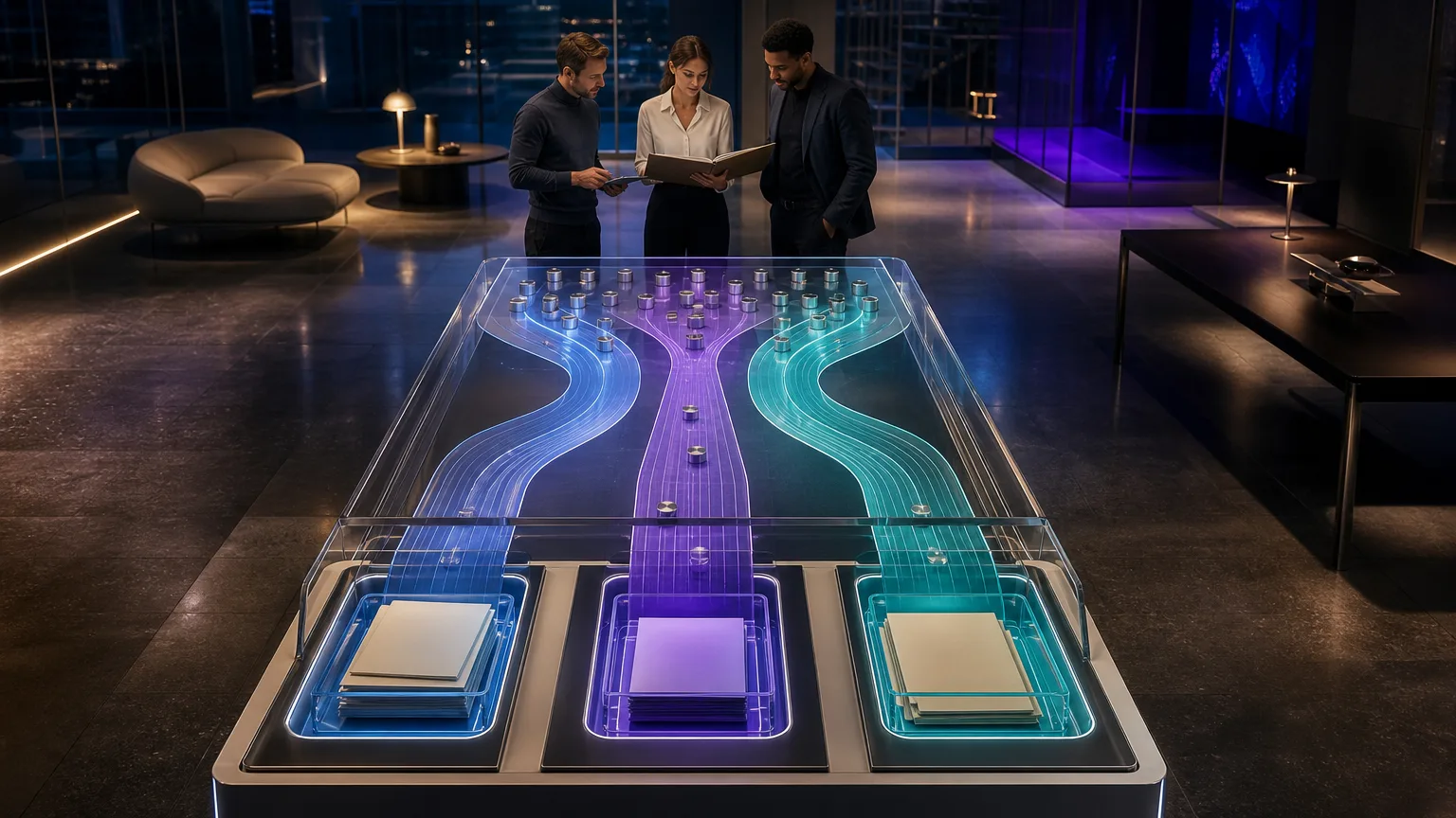 Premium editorial illustration of a controlled lead-routing workflow, with an enquiry moving through three distinct decision paths towards a human review desk.
