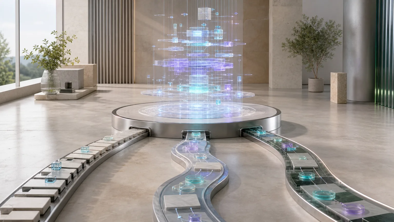 A premium editorial scene showing three interconnected operational pathways converging around a central workflow decision desk