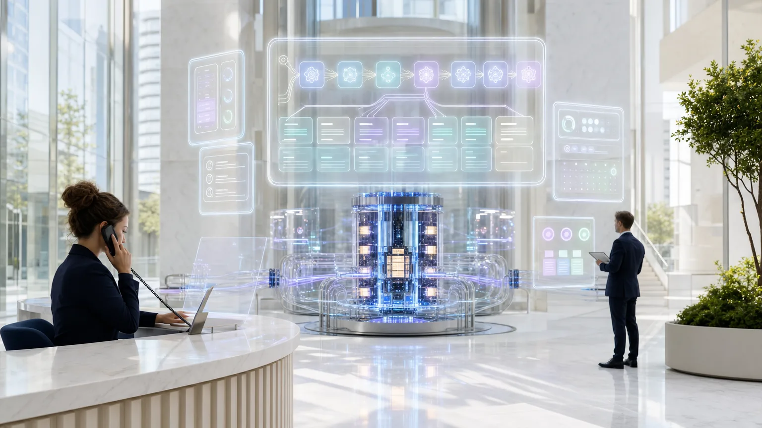 Photoreal luminous AI compute core integrated into a contemporary London-inspired architectural structure