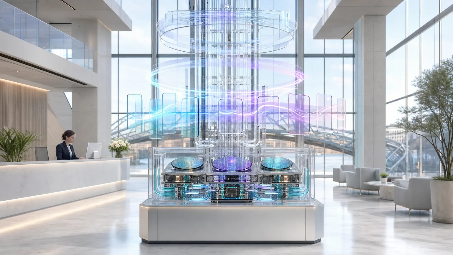 Photoreal luminous AI compute core with optical connections inside a contemporary Newcastle-inspired architectural setting.