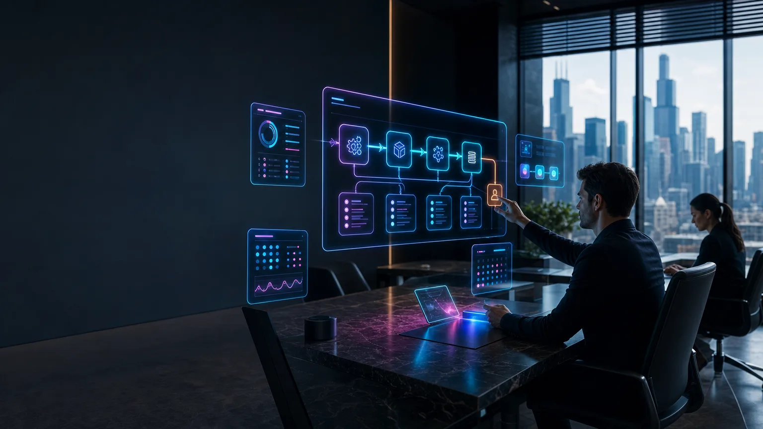 Photoreal futuristic AI compute architecture glowing in cyan and violet within a dark Chicago-inspired urban setting