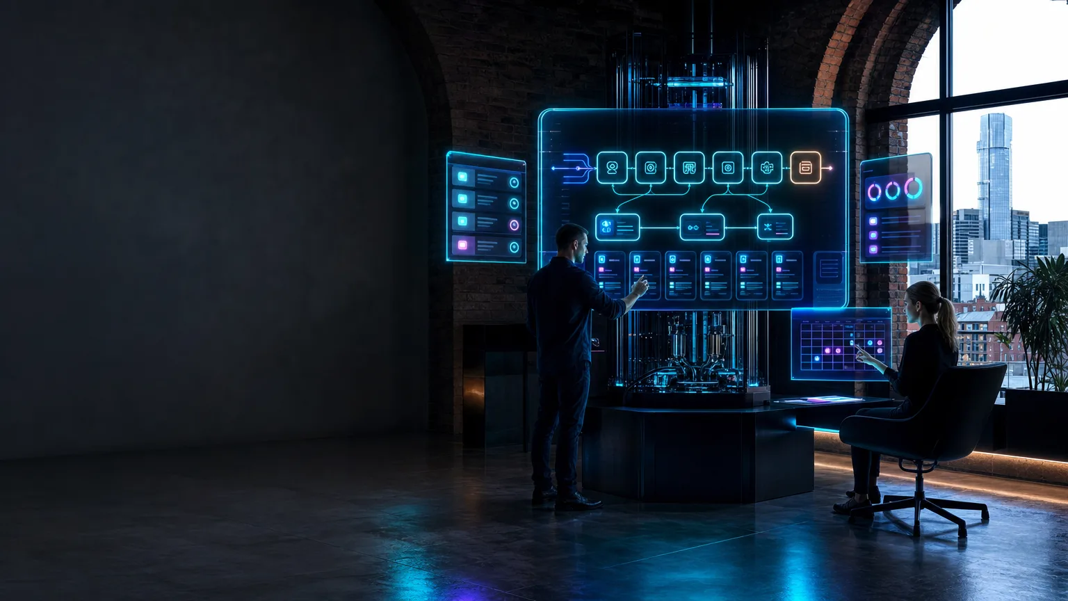 Photoreal near-future AI automation core integrated into a dark Manchester industrial architecture setting, illuminated in cyan and violet.