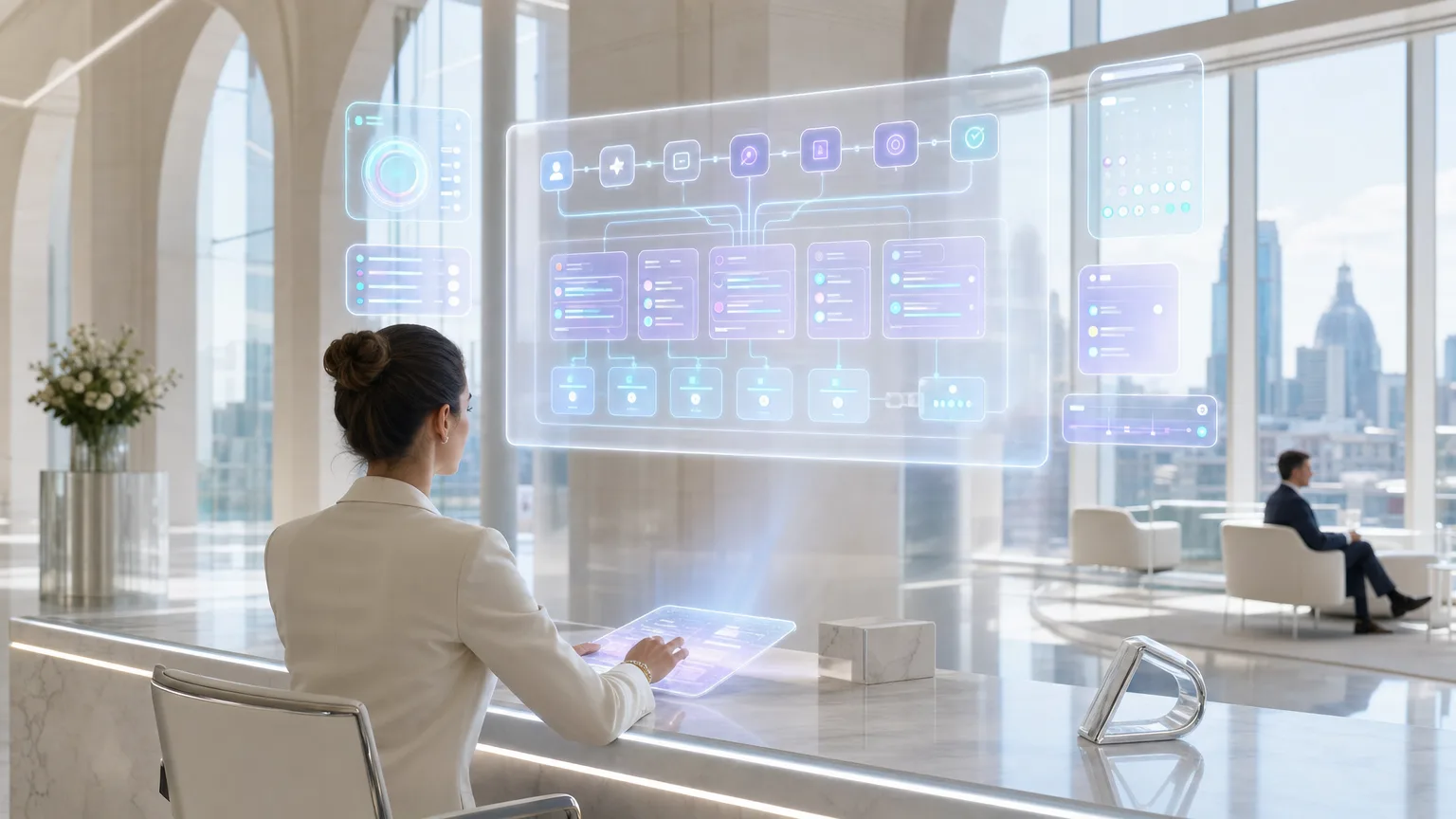 Photoreal luminous AI compute core with optical pathways inside a bright contemporary British architectural setting