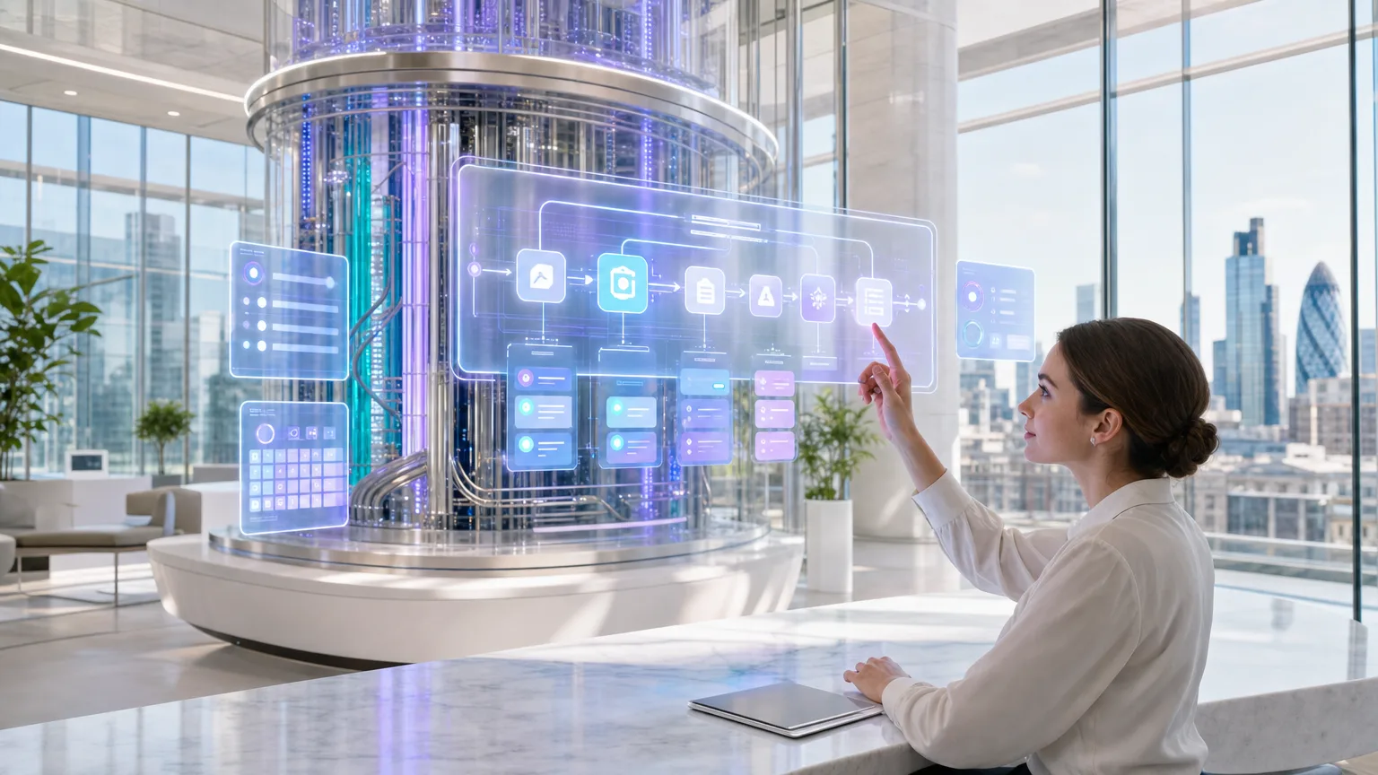 Photoreal luminous AI compute core with optical data pathways inside a bright contemporary British architectural setting.