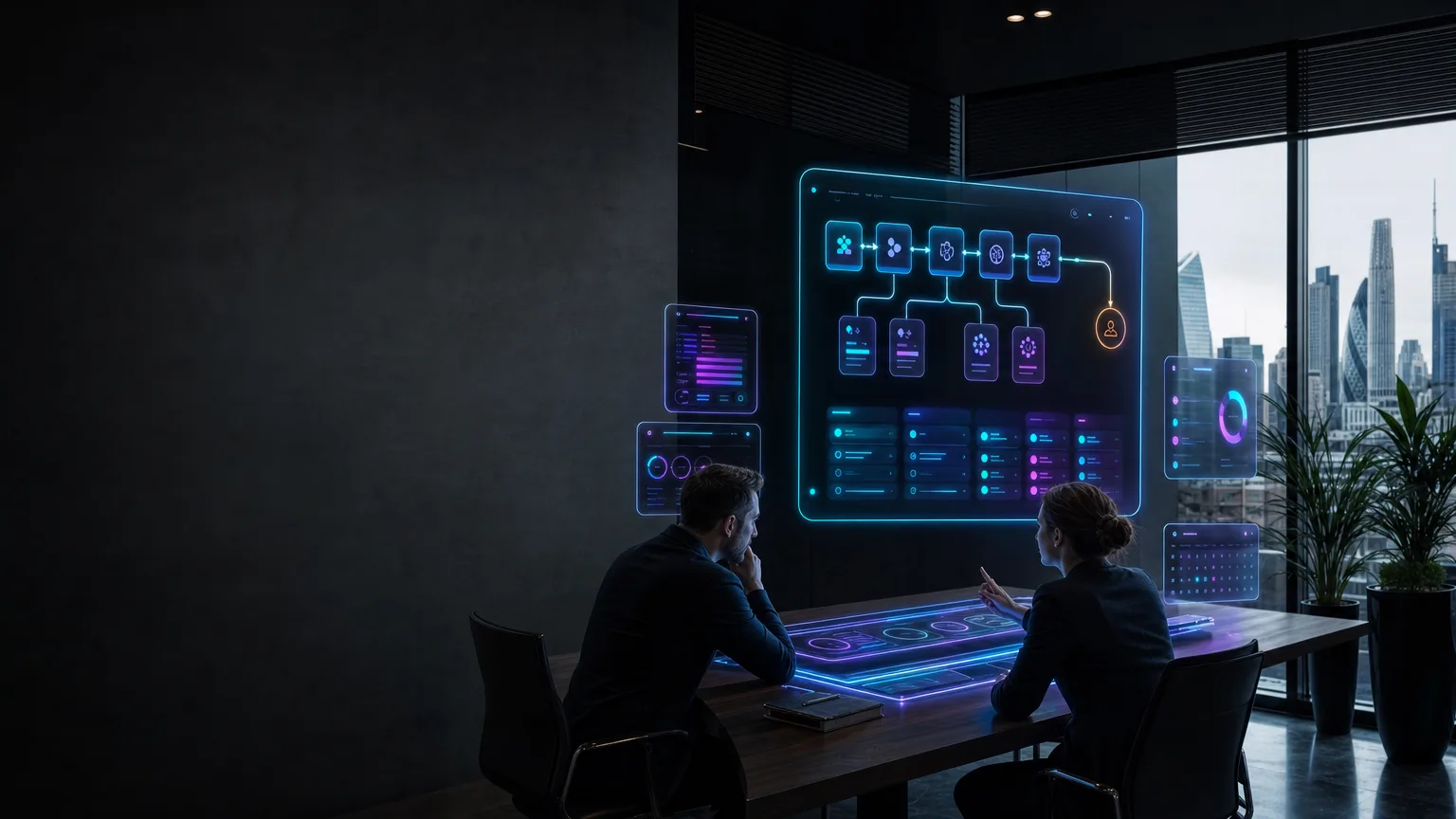 Futuristic luminous AI compute structure integrated into a dark London architectural setting