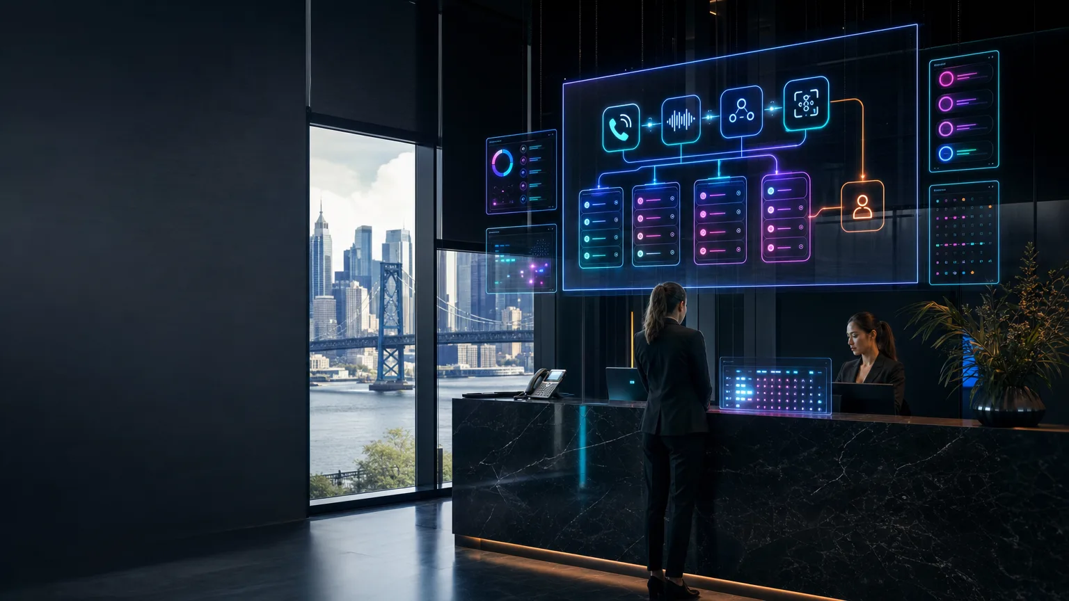Futuristic AI voice-routing compute core inside a dark architectural setting