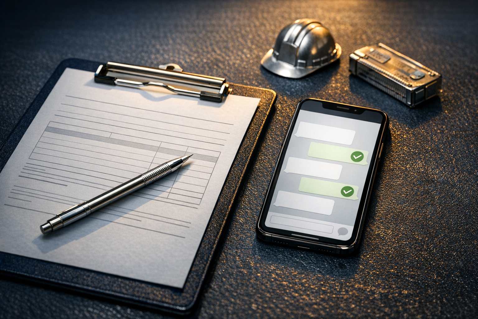 A tradesperson reviewing quote follow-up notes beside a laptop and work order paperwork