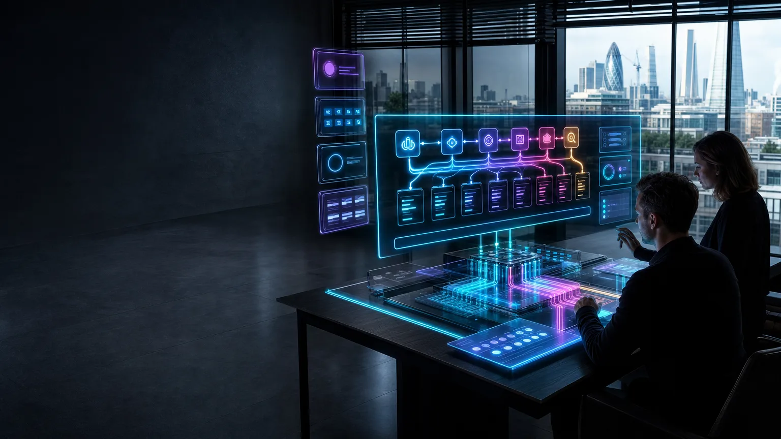 Photoreal futuristic AI compute core branching into three luminous system pathways in a dark British architectural setting.